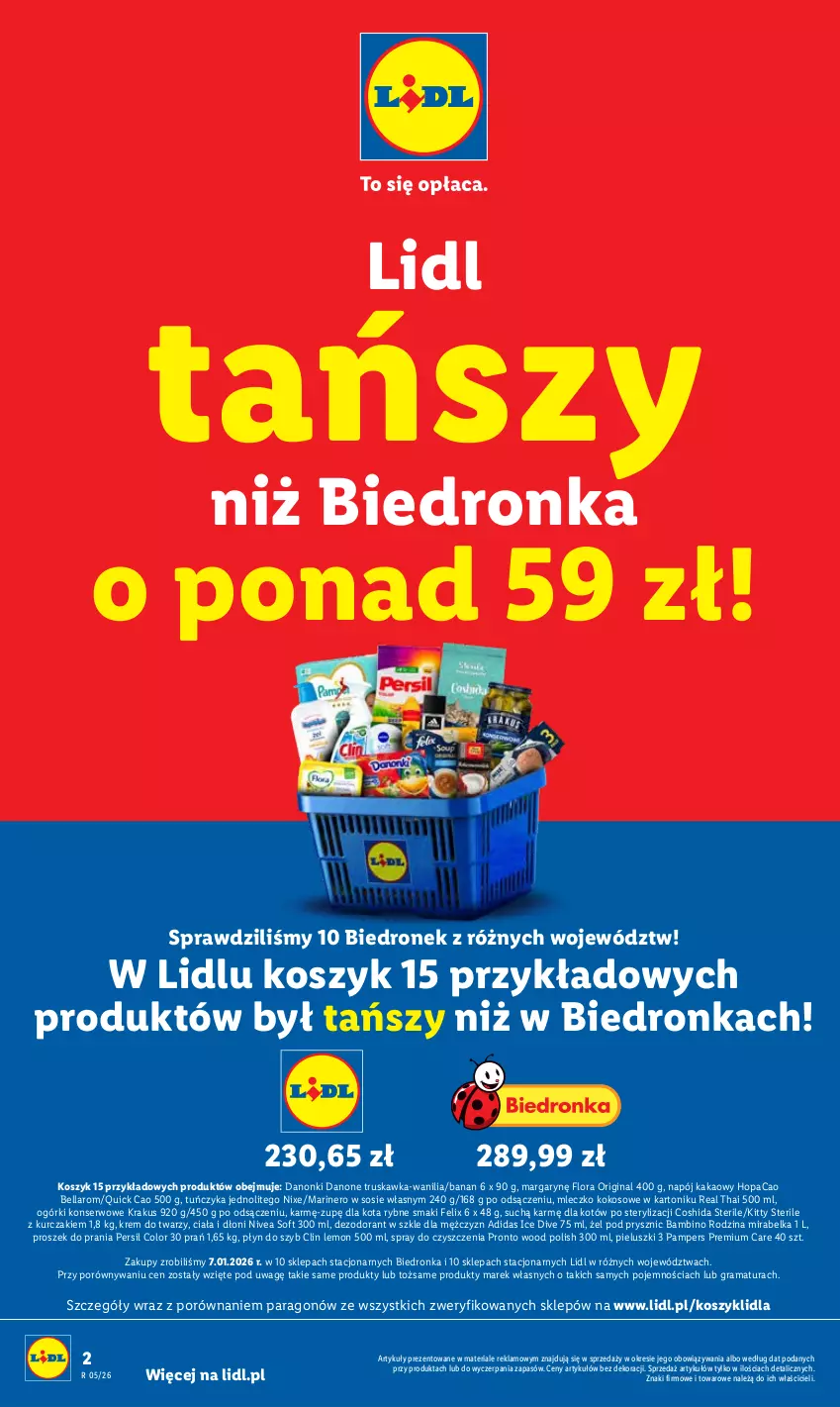Gazetka promocyjna Lidl - GAZETKA - ważna 26.01 do 28.01.2026 - strona 2 - produkty: Adidas, Bell, Bella, Clin, Danone, Danonki, Dezodorant, Felix, Flora, Gin, Gra, Kakao, Kokos, Kosz, Krakus, Krem do twarzy, Kurczak, Mleczko, Napój, Nivea, Ogórki konserwowe, Pampers, Persil, Płyn do szyb, Por, Pronto, Proszek do prania, Rama, Ser, Sos, Spray do czyszczenia, Tonik, Tuńczyk