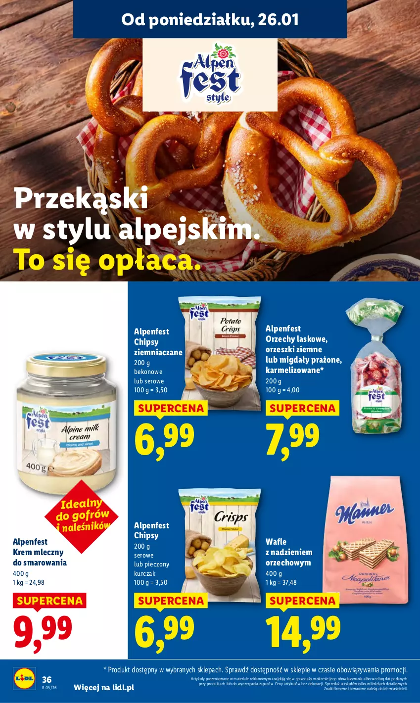 Gazetka promocyjna Lidl - GAZETKA - ważna 26.01 do 28.01.2026 - strona 36 - produkty: Beko, Chipsy, Kurczak, Migdały, Orzeszki, Orzeszki ziemne, Piec, Ser, Wafle