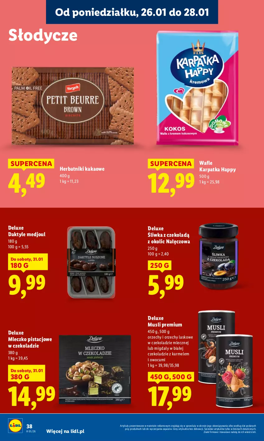 Gazetka promocyjna Lidl - GAZETKA - ważna 26.01 do 28.01.2026 - strona 38 - produkty: Daktyle, Herbatniki, Kakao, Karp, Migdały, Mleczko, Mus, Wafle