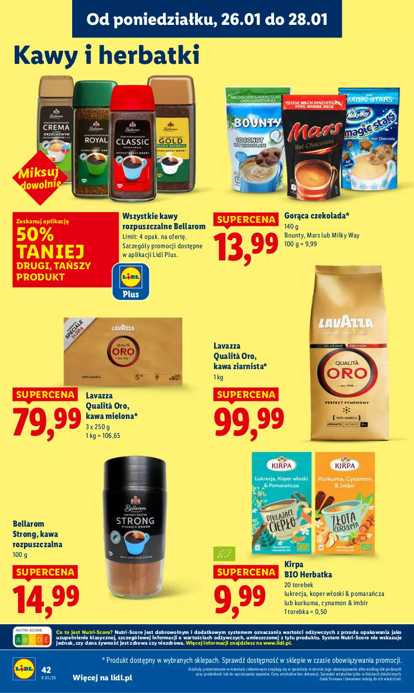 Gazetka promocyjna Lidl - GAZETKA - ważna 26.01 do 28.01.2026 - strona 42 - produkty: Bell, Bella, Bounty, Czekolada, Imbir, Kawa, Kawa mielona, Kawa rozpuszczalna, Kawa ziarnista, Koper włoski, Kurkuma, Lavazza, Mars, Milky Way, Torebka