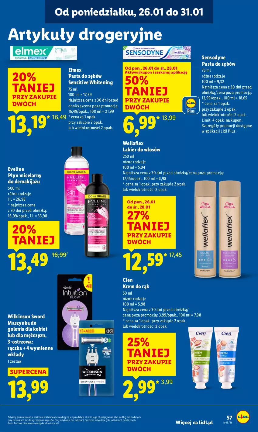 Gazetka promocyjna Lidl - GAZETKA - ważna 26.01 do 28.01.2026 - strona 57 - produkty: Elmex, Eveline, Krem do rąk, Lakier, Lakier do włosów, Makijaż, Maszynka, Maszynka do golenia, Pasta do zębów, Płyn micelarny, Sensodyne, Szynka, Wella, Wellaflex, Wilkinson Sword