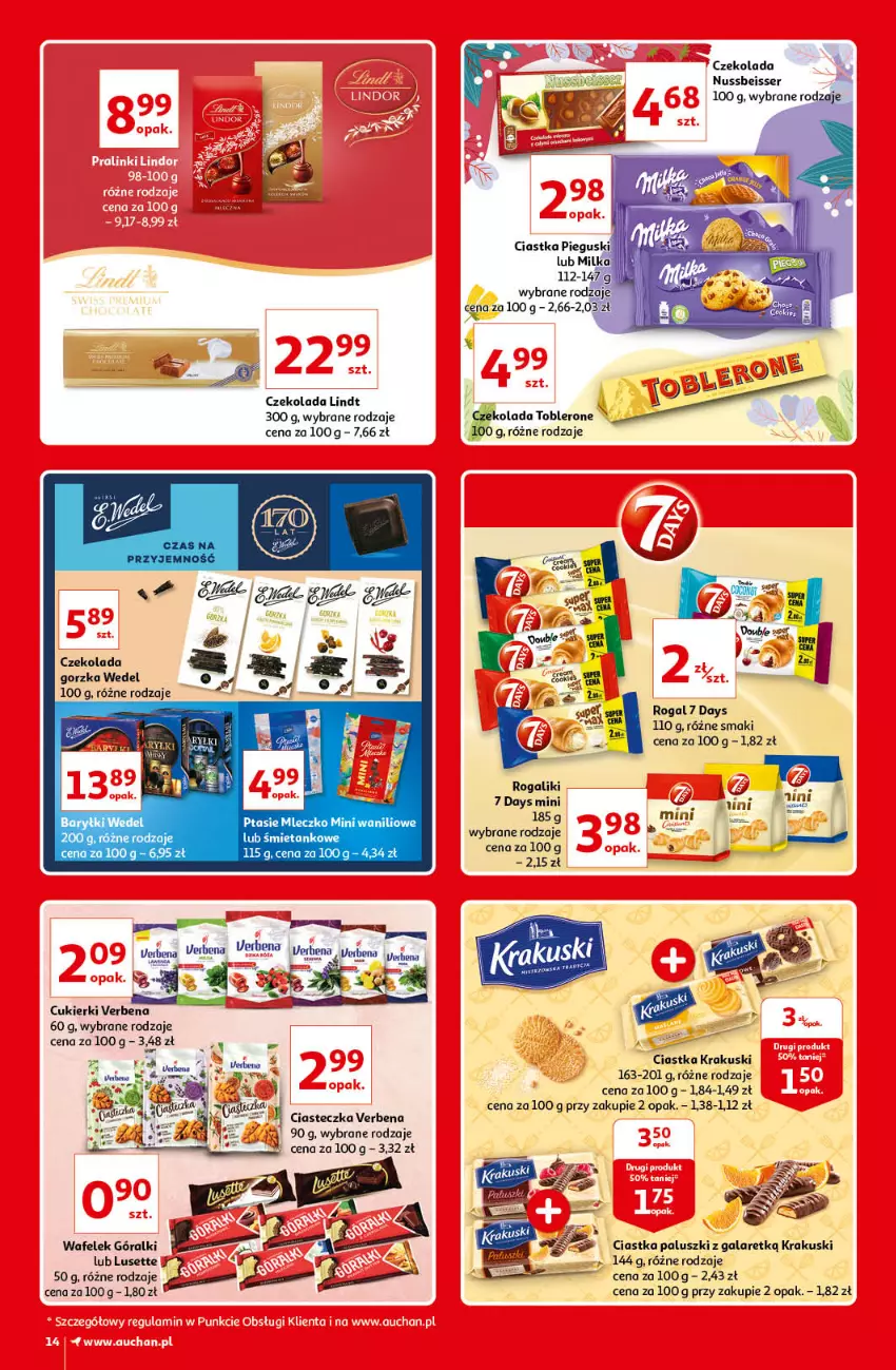 Gazetka promocyjna Auchan - Kultowe marki Hipermarkety - ważna 08.04 do 14.04.2021 - strona 14 - produkty: 7 Days, Ciastka, Cukier, Cukierki, Czekolada, Czekolada gorzka, Gala, Góralki, Krakus, Krakuski, Lindt, Milka, Mleczko, Ptasie mleczko, Rogal, Ser, Toblerone, Wafelek