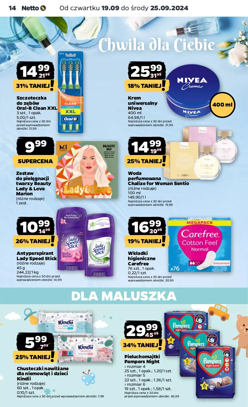 Gazetka promocyjna Netto - Netto Gazetka Food 38/24B - ważna 19.09 do 25.09.2024 - strona 14 - produkty: Antyperspirant, Carefree, Chusteczki, Dzieci, Kindii, Krem uniwersalny, Lady Speed Stick, Majtki, Nivea, Pampers, Perfum, Pieluchomajtki, Szczoteczka, Szczoteczka do zębów, Wkładki, Woda, Woda perfumowana