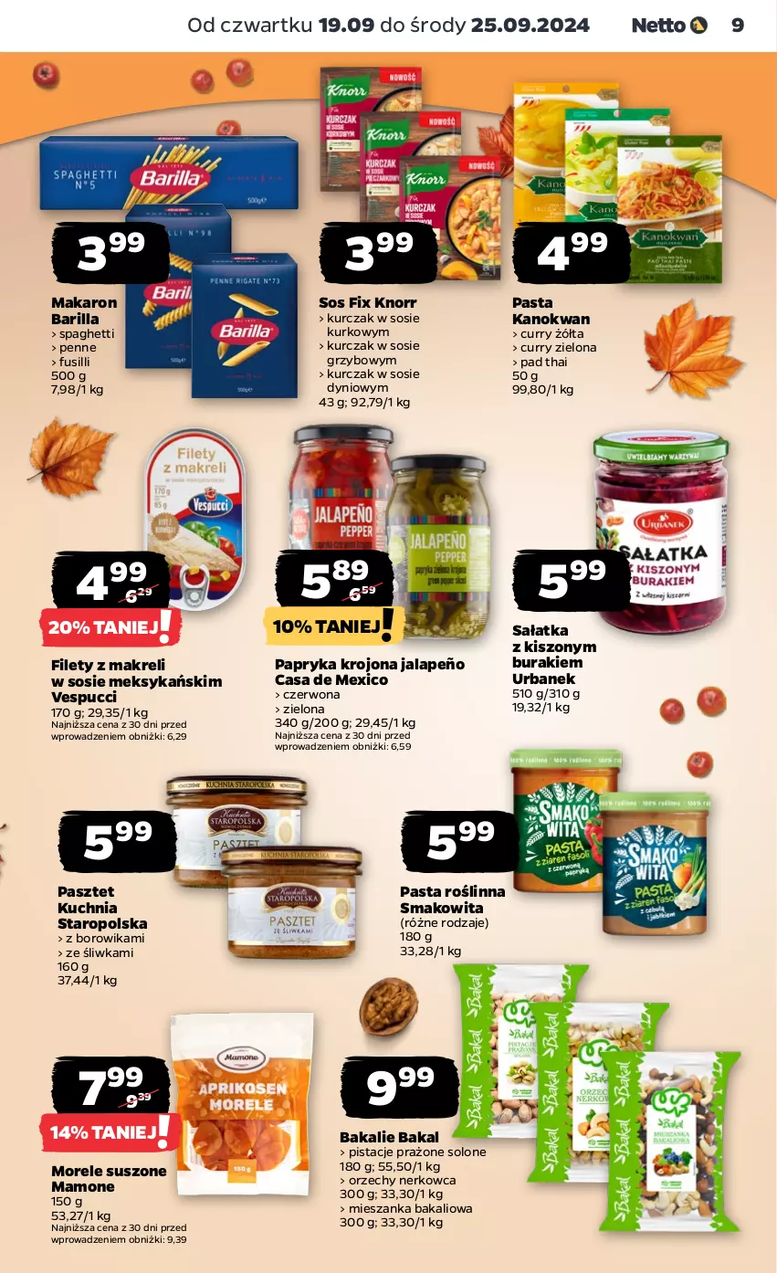 Gazetka promocyjna Netto - Netto Gazetka Food 38/24B - ważna 19.09 do 25.09.2024 - strona 9 - produkty: Barilla, Buraki, Knorr, Kuchnia, Kuchnia Staropolska, Kurczak, Makaron, Mieszanka bakaliowa, Papryka, Pasztet, Penne, Pistacje, Sałat, Sałatka, Smakowita, Sos, Spaghetti