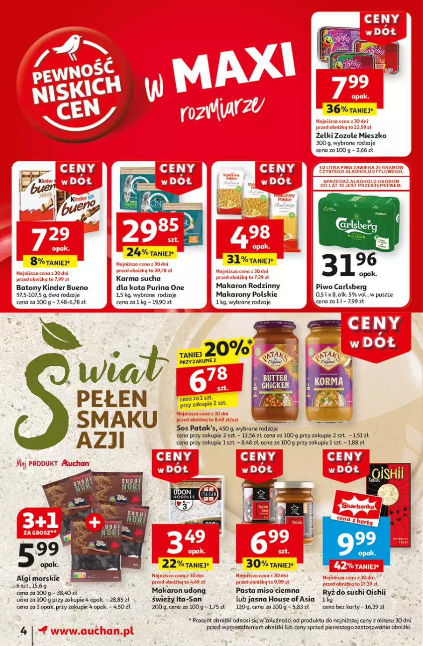 Gazetka promocyjna Auchan - CENY W DÓŁ Moje - ważna 23.01 do 29.01.2025 - strona 6 - produkty: Baton, Carlsberg, Fa, Kinder, Kinder Bueno, LG, Makaron, Patak's, Piwo, Pur, Purina, Ryż, Ryż do sushi, Sos, STP, Sushi