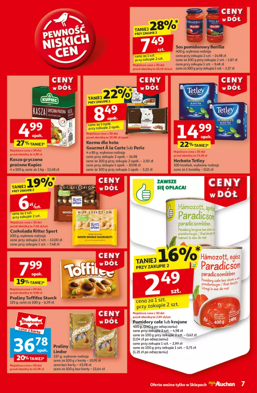 Gazetka promocyjna Auchan - CENY W DÓŁ Moje - ważna 23.01 do 29.01.2025 - strona 9 - produkty: Barilla, Czekolada, Gry, Herbata, Kasza, Kasza gryczana, Kupiec, Lindor, Piec, Pomidory, Pomidory krojone, Por, Praliny, Ritter Sport, Sos, Sos pomidorowy, Sport, Tetley, Toffifee, Zott