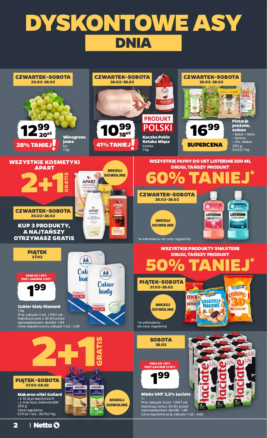 Gazetka promocyjna Netto - Od Czwartku - ważna 26.02 do 28.02.2026 - strona 2 - produkty: Cukier, Diamant, Goliard, Gra, Helio, Kaczka, Listerine, Makaron, Mleko, Pistacje, Ser, Tusz, Wino