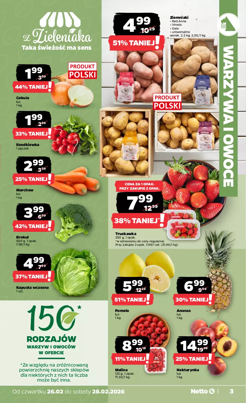Gazetka promocyjna Netto - Od Czwartku - ważna 26.02 do 28.02.2026 - strona 3 - produkty: Ananas, Cebula, Gala, Nektar, Nektarynka, Owoce, Pomelo, Rzodkiewka, Warzywa, Warzywa i owoce, Ziemniaki
