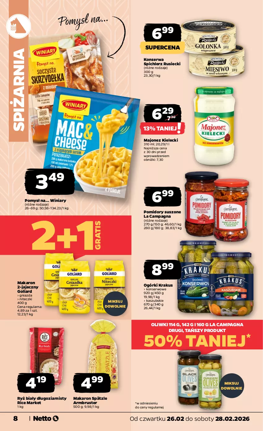 Gazetka promocyjna Netto - Od Czwartku - ważna 26.02 do 28.02.2026 - strona 8 - produkty: Goliard, Gra, Krakus, Majonez, Makaron, Oliwki, Pomidory, Rust, Ryż, Ryż biały, Ser, Spichlerz Rusiecki, Winiary