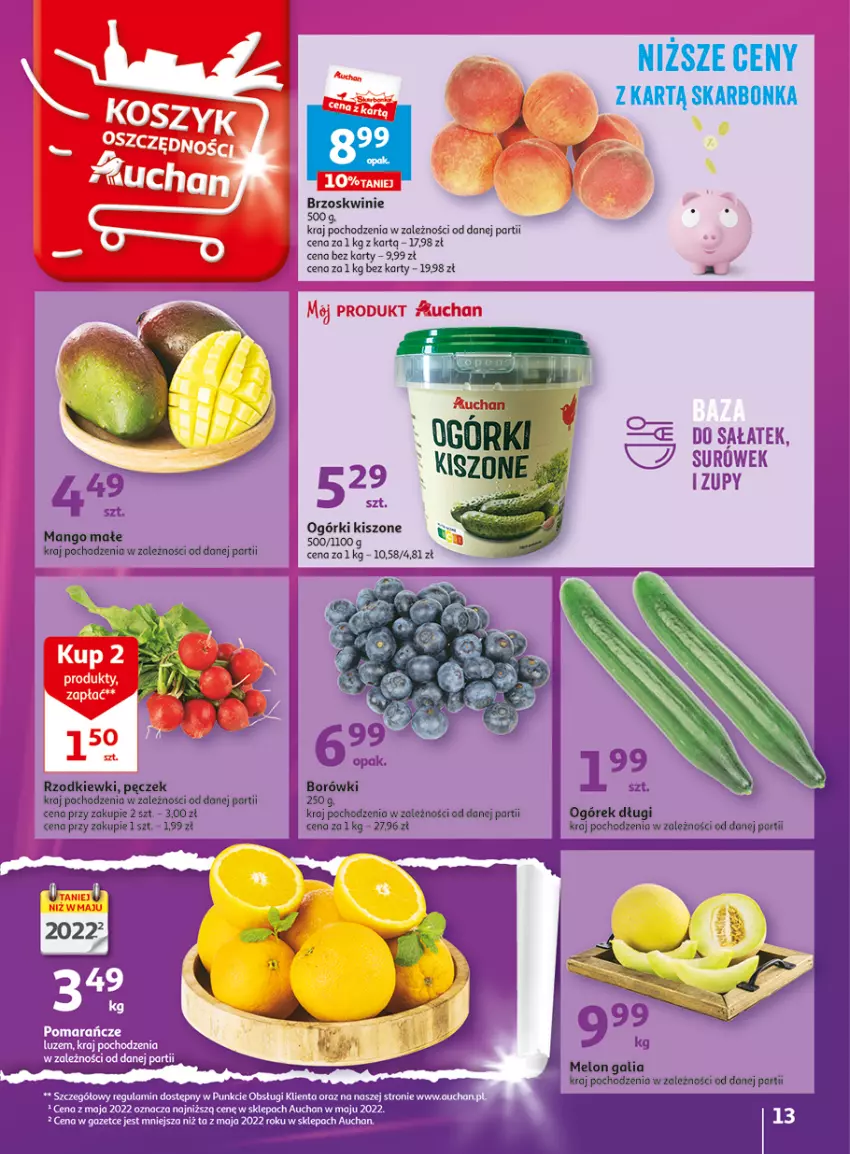 Gazetka promocyjna Auchan - Gazetka Wielkie majowe odkrycia cenowe część #3 Hipermarket Auchan - ważna 11.05 do 17.05.2023 - strona 13 - produkty: Brzoskwinie, Mango, Melon, Ogórek