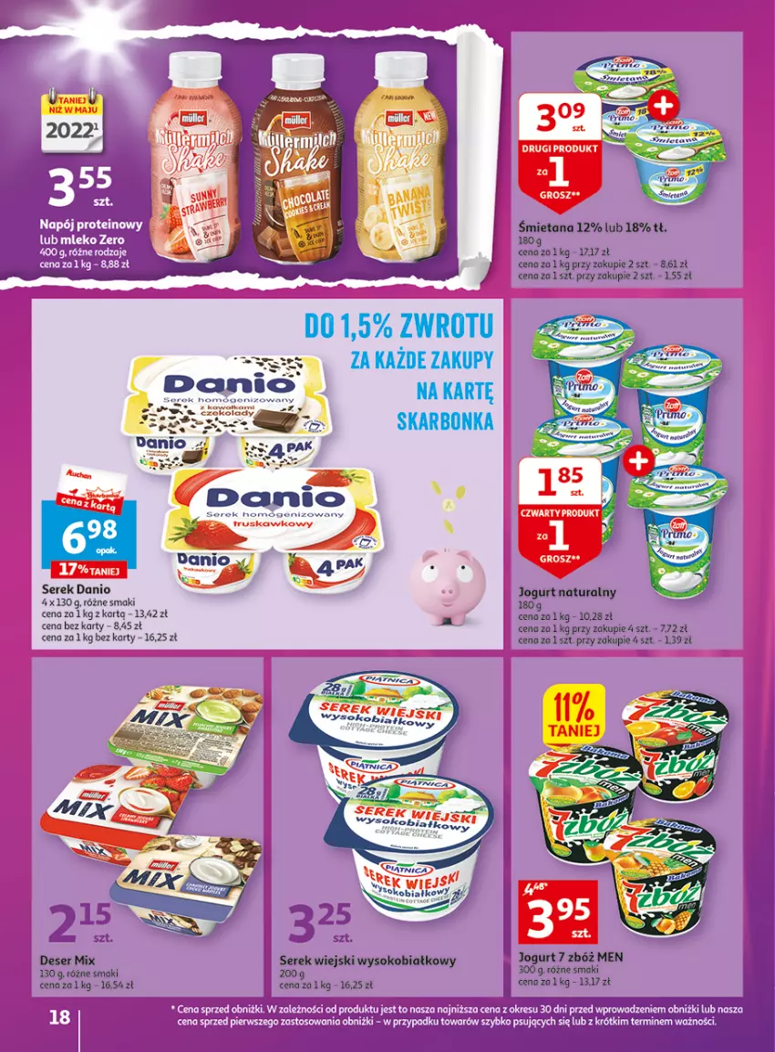 Gazetka promocyjna Auchan - Gazetka Wielkie majowe odkrycia cenowe część #3 Hipermarket Auchan - ważna 11.05 do 17.05.2023 - strona 18 - produkty: Danio, Feta, Jogurt, Jogurt naturalny, Mleko, O nas, Rama, Ser, Serek, Sok