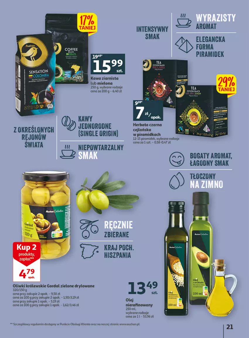 Gazetka promocyjna Auchan - Gazetka Wielkie majowe odkrycia cenowe część #3 Hipermarket Auchan - ważna 11.05 do 17.05.2023 - strona 21 - produkty: Gin, Herbata, Herbata czarna, Kawa, Kawa ziarnista, Królewski, Lack, Olej, Oliwki