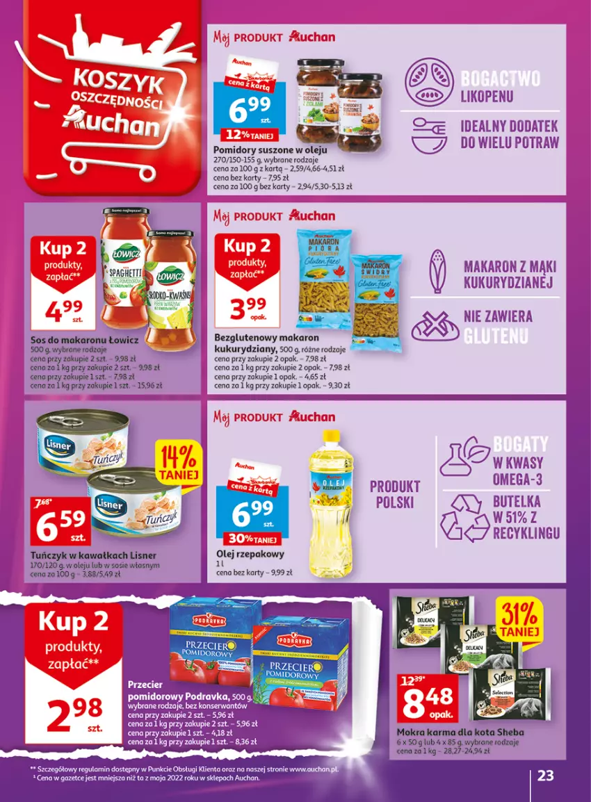 Gazetka promocyjna Auchan - Gazetka Wielkie majowe odkrycia cenowe część #3 Hipermarket Auchan - ważna 11.05 do 17.05.2023 - strona 23 - produkty: Kawa, Lisner, Makaron, Olej, Olej rzepakowy, Pomidory, Sos, Sos do makaronu