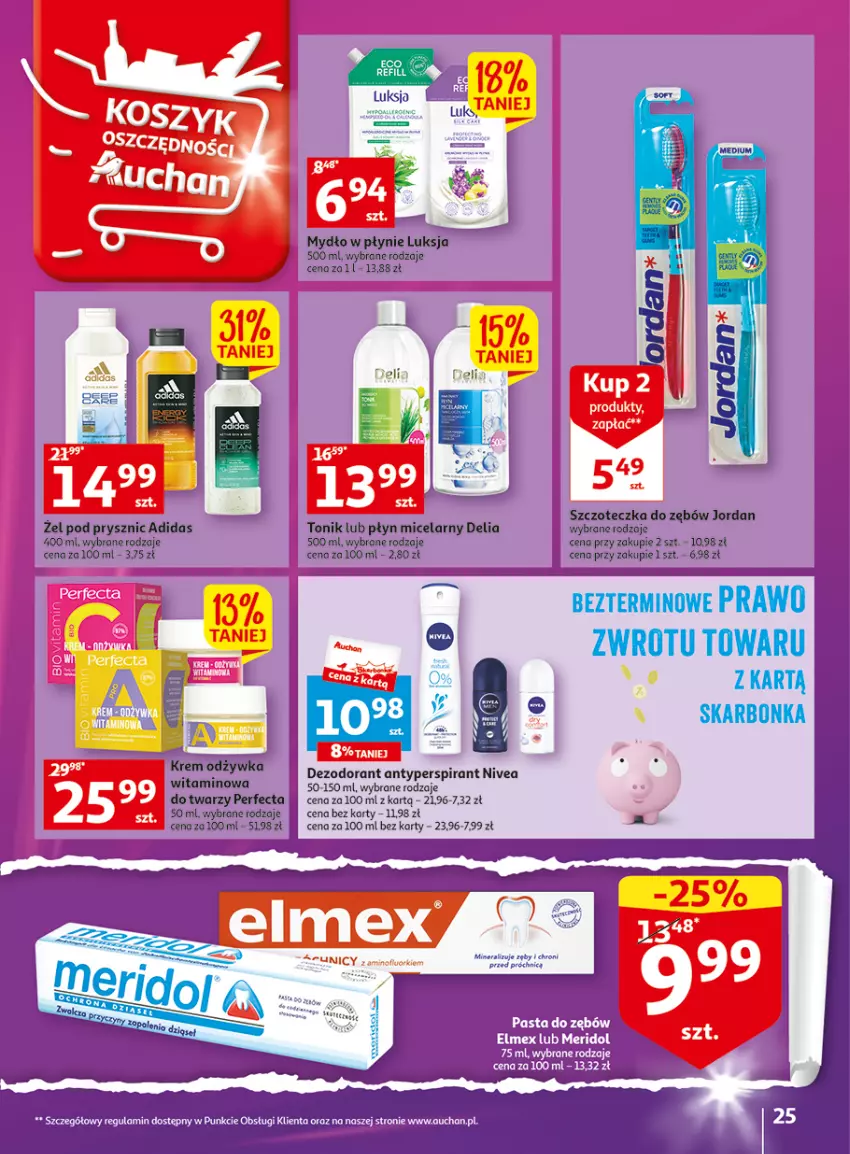 Gazetka promocyjna Auchan - Gazetka Wielkie majowe odkrycia cenowe część #3 Hipermarket Auchan - ważna 11.05 do 17.05.2023 - strona 25 - produkty: Adidas, Antyperspirant, Dezodorant, Luksja, Mydło, Mydło w płynie, Nivea, Odżywka, Perfecta, Płyn micelarny, Szczoteczka, Szczoteczka do zębów, Tonik