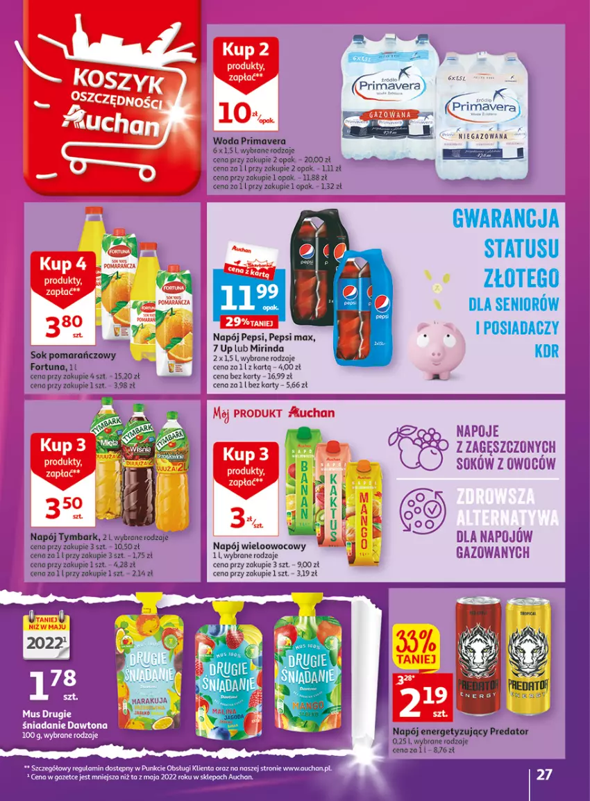 Gazetka promocyjna Auchan - Gazetka Wielkie majowe odkrycia cenowe część #3 Hipermarket Auchan - ważna 11.05 do 17.05.2023 - strona 27 - produkty: Fortuna, Mirinda, Napój, Pepsi, Pepsi max, Prima, Primavera, Sok, Sok pomarańczowy, Tymbark, Woda