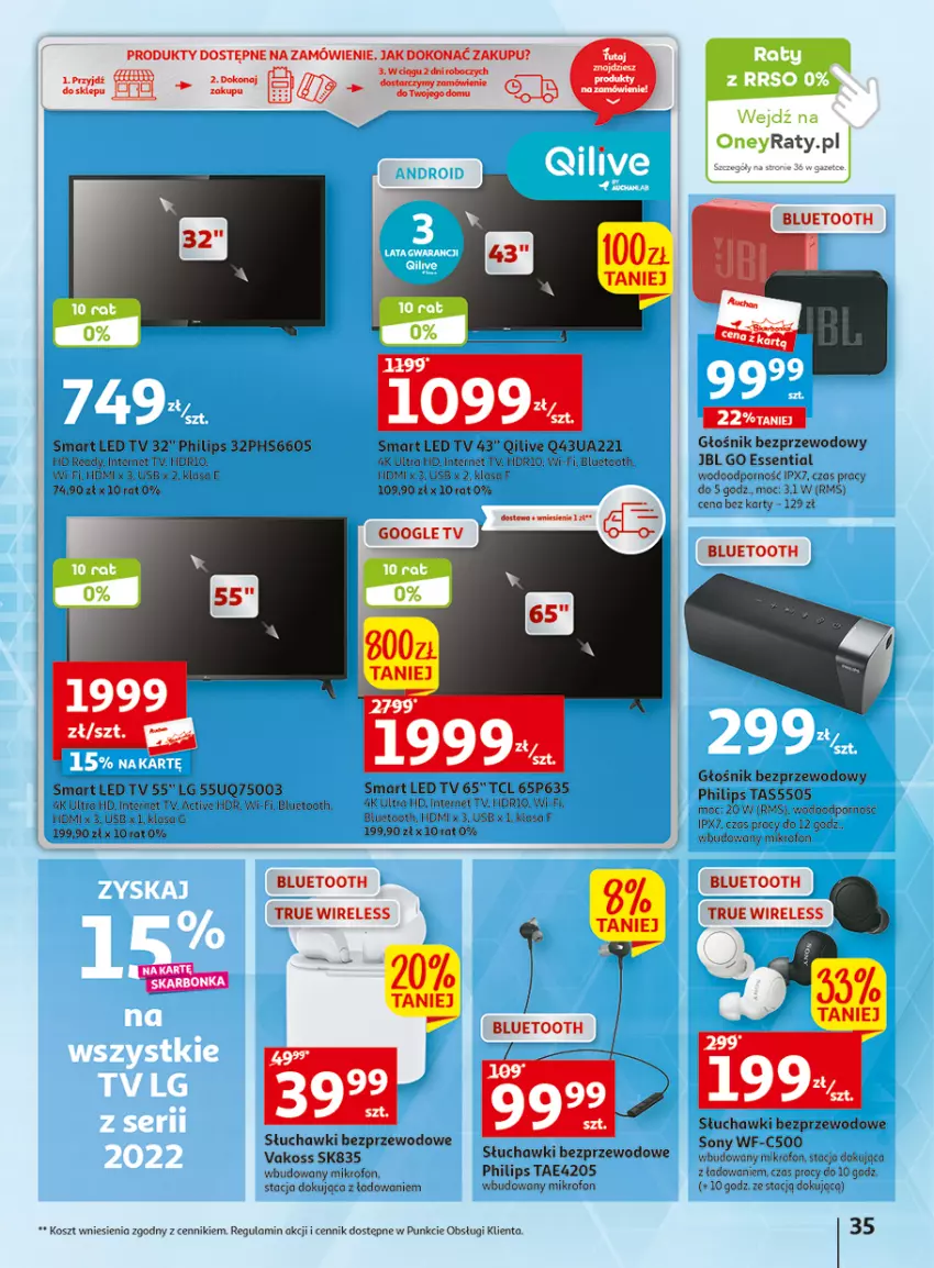 Gazetka promocyjna Auchan - Gazetka Wielkie majowe odkrycia cenowe część #3 Hipermarket Auchan - ważna 11.05 do 17.05.2023 - strona 35 - produkty: Głośnik, HD ready, JBL, Kosz, LED TV, LG, Mikrofon, Philips, Por, Słuchawki, Słuchawki bezprzewodowe, Sony