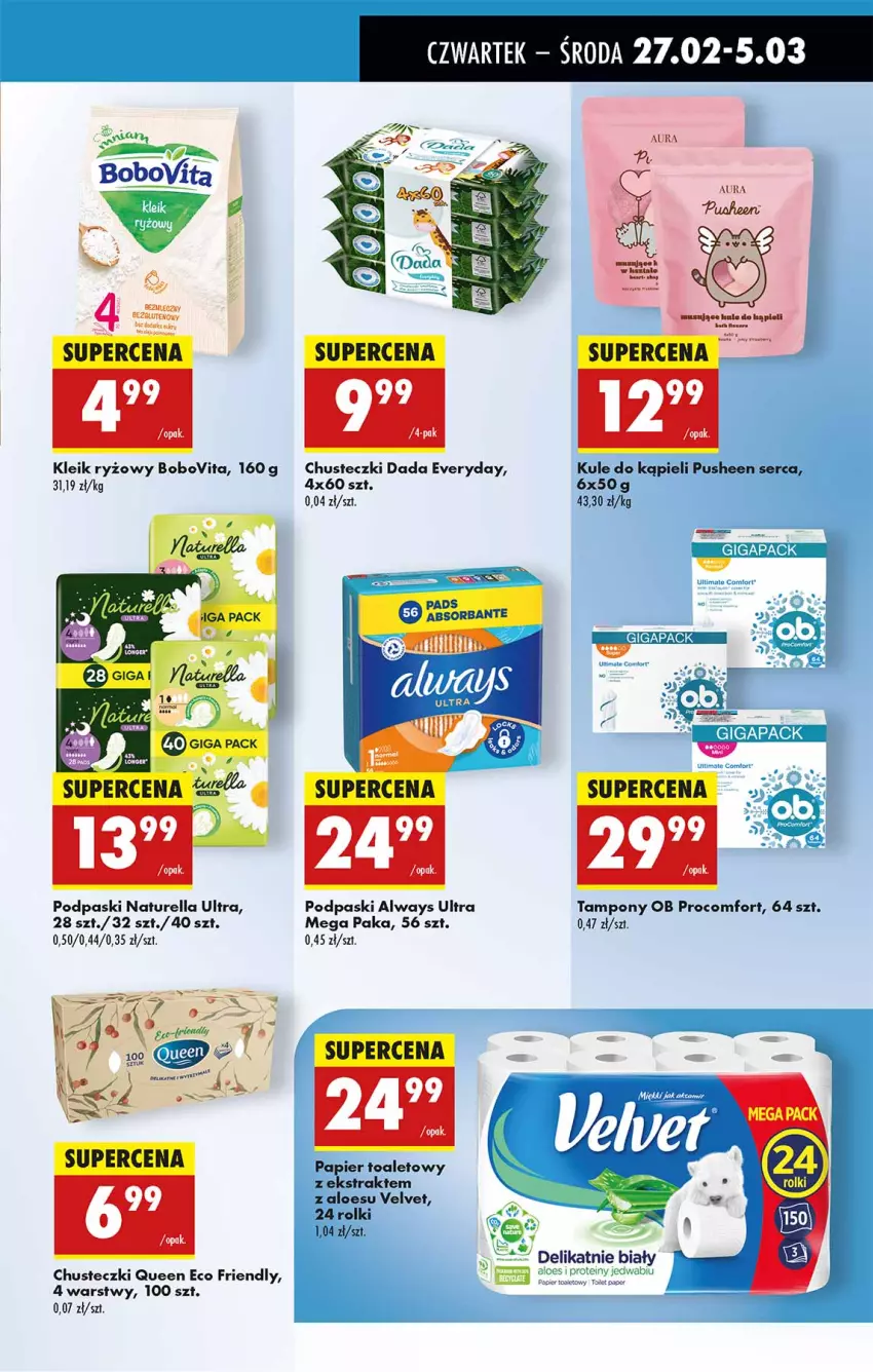 Gazetka promocyjna Biedronka - Od Czwartku - ważna 27.02 do 05.03.2025 - strona 61 - produkty: Always, Always Ultra, BoboVita, Chusteczki, Dada, Naturell, Naturella, Papier, Papier toaletowy, Podpaski, Por, Rolki, Ryż, Ser, Tampony, Velvet