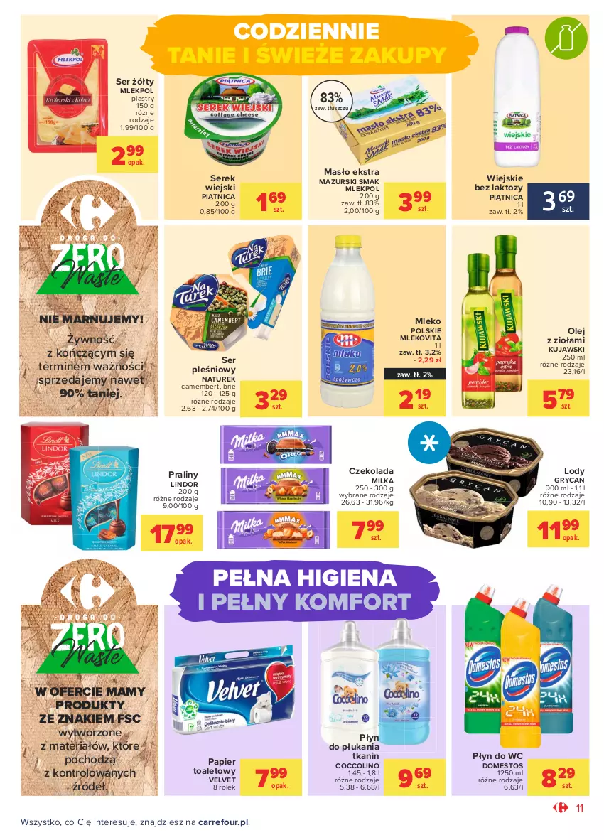 Gazetka promocyjna Carrefour - Gazetka Otwieramy się na nowe oczekiwania - ważna 25.05 do 05.06.2021 - strona 11 - produkty: Brie, Camembert, Coccolino, Czekolada, Domestos, Gry, Kujawski, Lindor, Lody, Masło, Milka, Mleko, Mlekovita, NaTurek, Olej, Papier, Papier toaletowy, Piątnica, Płyn do płukania, Płyn do wc, Praliny, Ser, Ser pleśniowy, Serek, Serek wiejski, Velvet