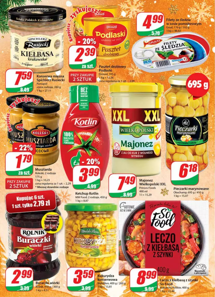 Gazetka promocyjna Dino - Gazetka - ważna 21.12 do 27.12.2022 - strona 10 - produkty: Buraczki, Gra, Graal, Ketchup, Kiełbasa, Kotlin, Kukurydza, Majonez, Makaron, Mus, Musztarda, Pasztet, Piec, Podlaski, Rolnik, Ser, So Food, Sos, Spichlerz Rusiecki