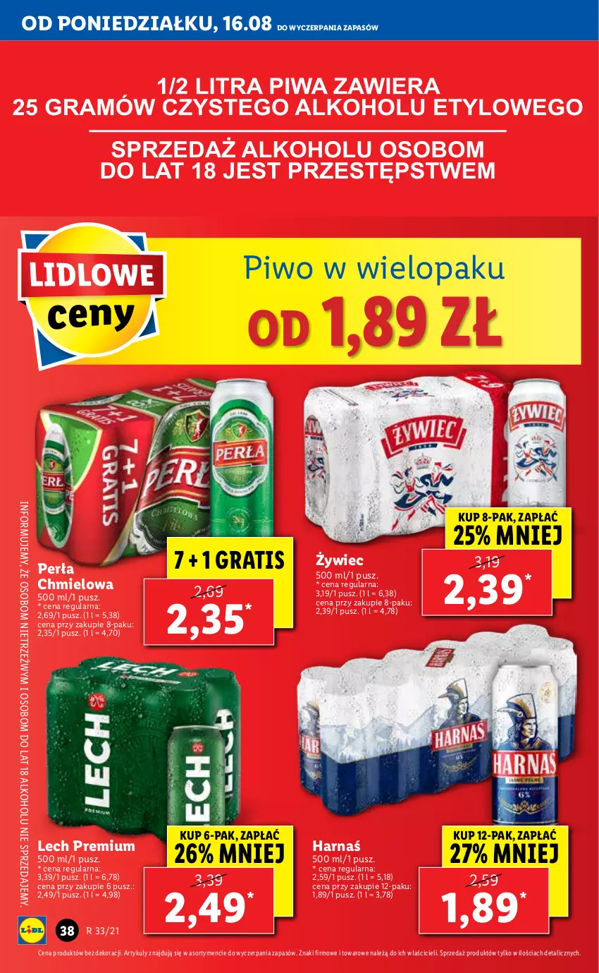 Gazetka promocyjna Lidl - GAZETKA - ważna 16.08 do 18.08.2021 - strona 38 - produkty: Gra, Harnaś, Lech Premium, Perła, Piwo