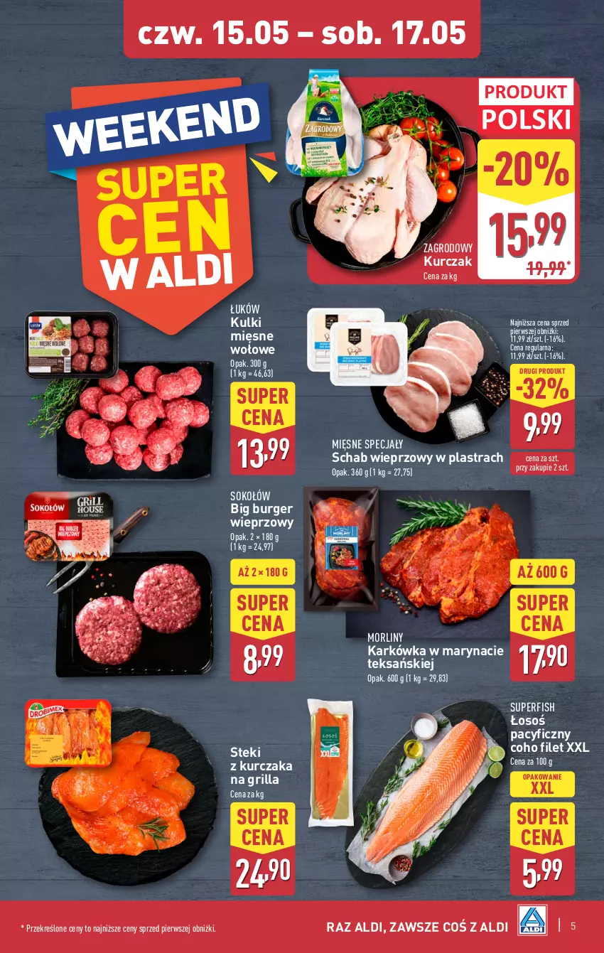 Gazetka promocyjna Aldi - Oferta weekendowa - ważna 15.05 do 17.05.2025 - strona 5 - produkty: Burger, Grill, Kurczak, Mięsne specjały, Morliny, Schab wieprzowy, Sok, Sokołów, Stek