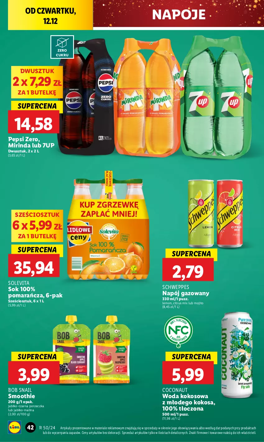 Gazetka promocyjna Lidl - GAZETKA - ważna 12.12 do 15.12.2024 - strona 44 - produkty: 7up, Kokos, Mirinda, Napój, Napój gazowany, Napoje, Pepsi, Por, Schweppes, Smoothie, Sok, Woda