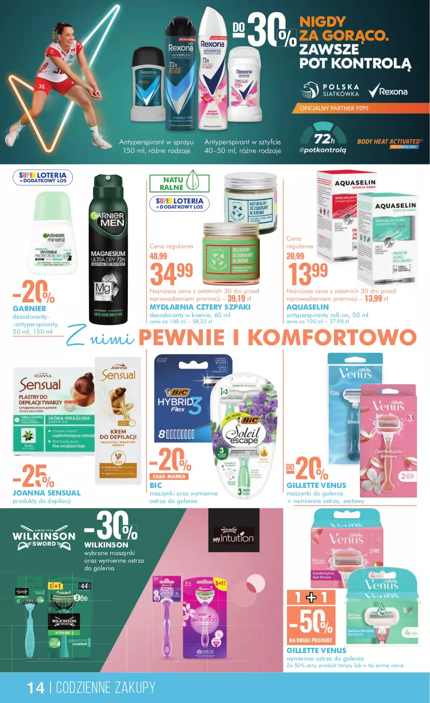 Gazetka promocyjna Super Pharm - ważna 12.09 do 25.09.2024 - strona 14 - produkty: Antyperspirant, Aquaselin, BIC, Dezodorant, Garnier, Gillette, Gillette Venus, Joanna, Sensual, Venus