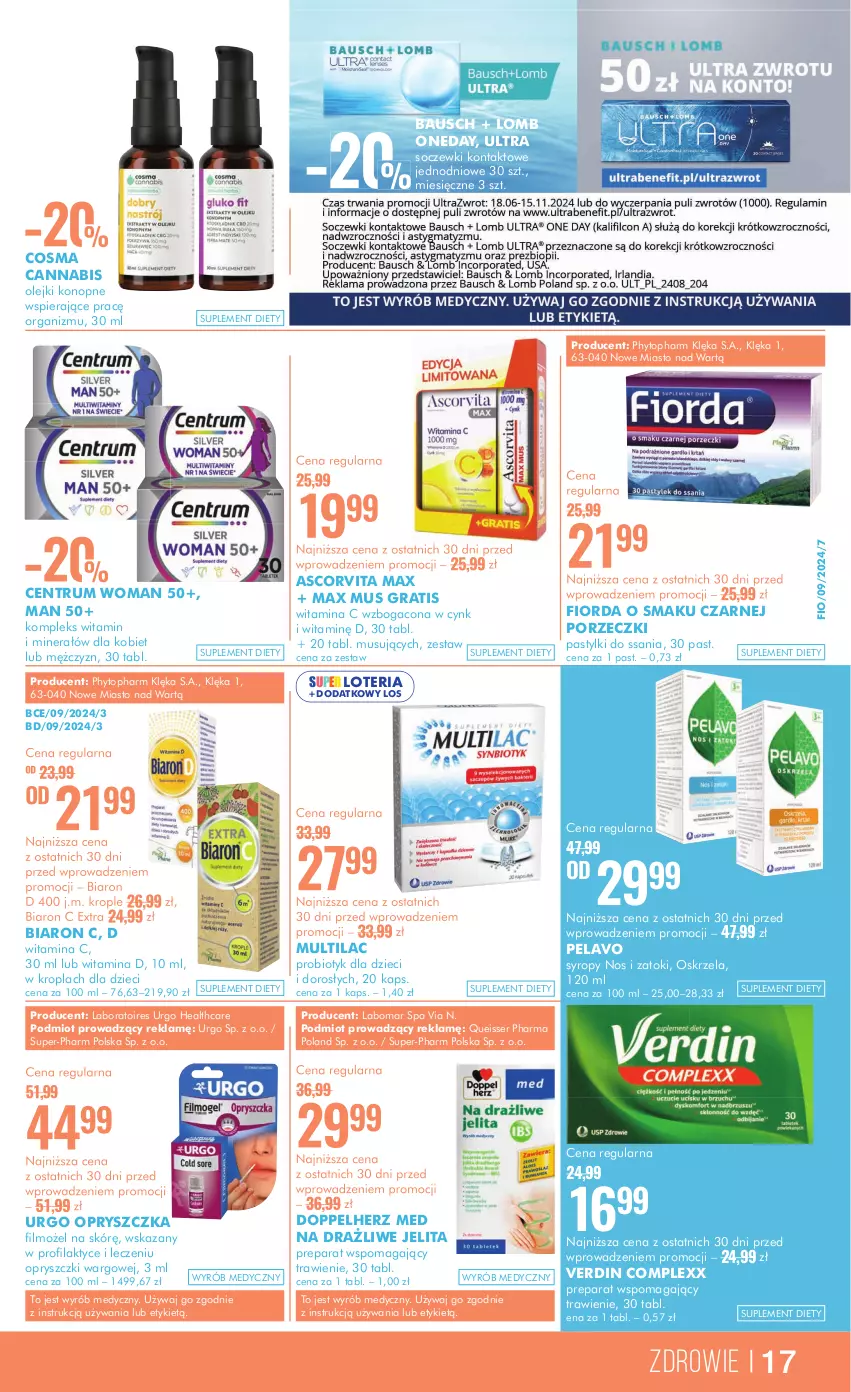 Gazetka promocyjna Super Pharm - ważna 12.09 do 25.09.2024 - strona 17 - produkty: Cynk, Doppelherz, Dzieci, Fiorda, Gra, Multilac, Mus, Olej, Pastylki, Phyto, Por, Probiotyk, Rum, Ser, Soczewki kontaktowe, Suplement diety, Syrop, Syropy, Top, Urgo, Zdrowie