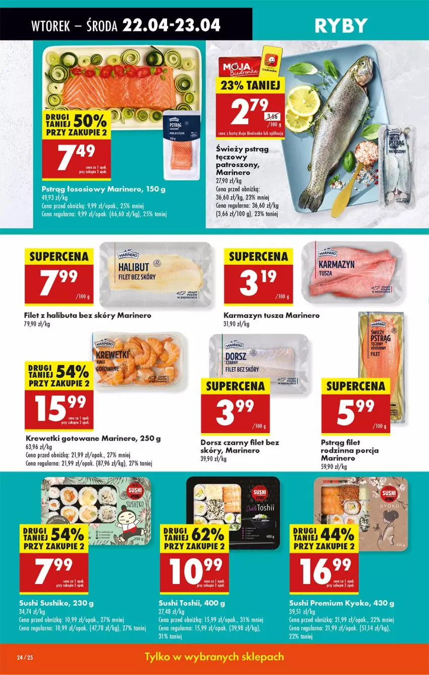 Gazetka promocyjna Biedronka - Od Wtorku - ważna 22.04 do 26.04.2025 - strona 28 - produkty: Dorsz, Fa, Halibut, Karmazyn tusza, Krewetki, Por, Pstrąg, Tusz