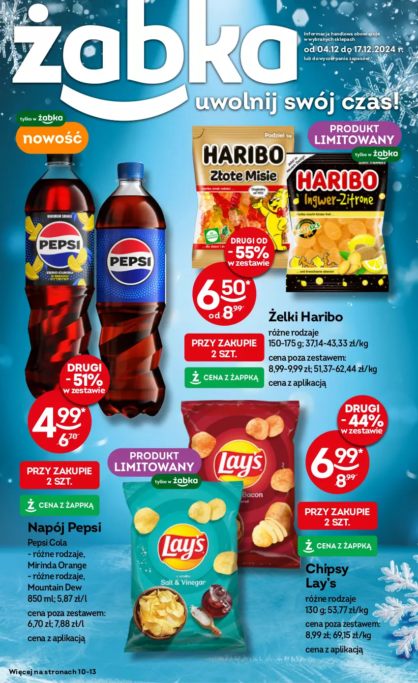 Gazetka promocyjna Żabka - ważna 04.12 do 17.12.2024 - strona 1 - produkty: Chipsy, Haribo, Lay’s, Mirinda, Napój, Pepsi