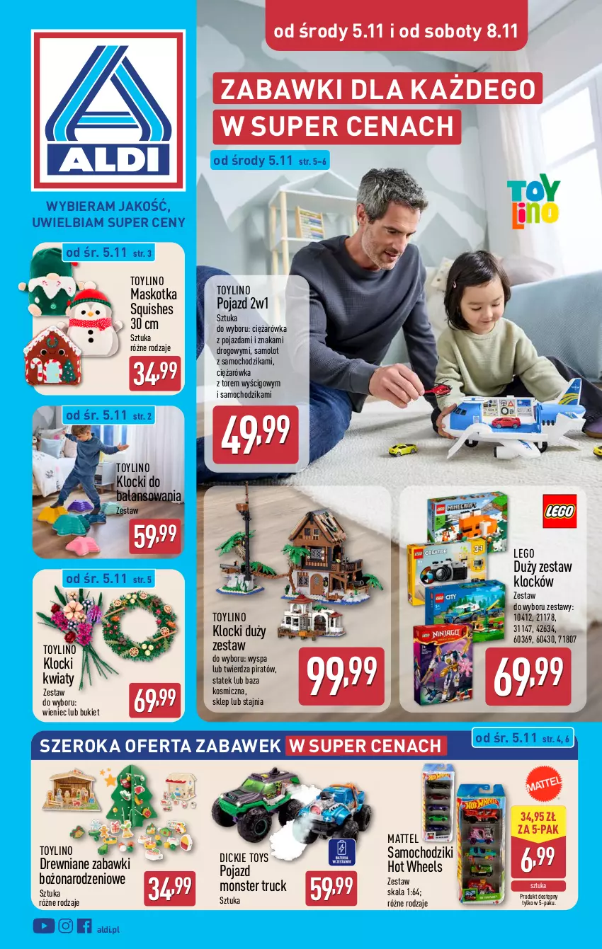 Gazetka promocyjna Aldi - Artykuły przemysłowe i tekstylia - ważna 05.11 do 08.11.2025 - strona 1 - produkty: Amol, Bukiet, Chodzik, Hot Wheels, Klocki, LEGO, Mattel, Monster truck, Pojazd, Samochodziki, Samolot, Wieniec