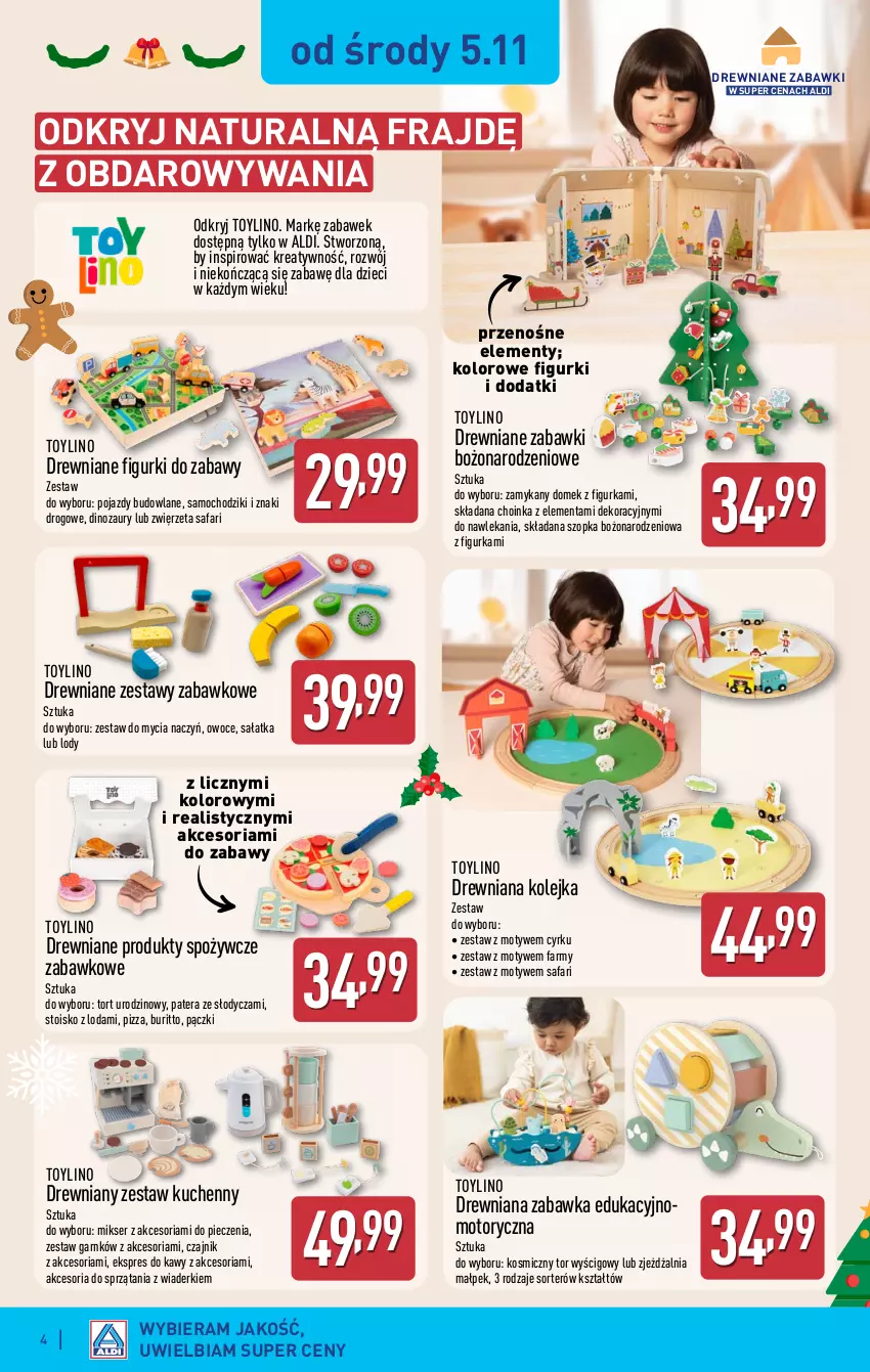 Gazetka promocyjna Aldi - Artykuły przemysłowe i tekstylia - ważna 05.11 do 08.11.2025 - strona 4 - produkty: Chodzik, Choinka, Czajnik, Dinozaur, Do mycia naczyń, Drewniana kolejka, Dzieci, Fa, Inka, Kolejka, Lody, Mikser, Olej, Owoce, Piec, Pizza, Pojazd, Pojazdy budowlane, Sałat, Sałatka, Samochodziki, Ser, Tera, Tor wyścigowy, Zabawka