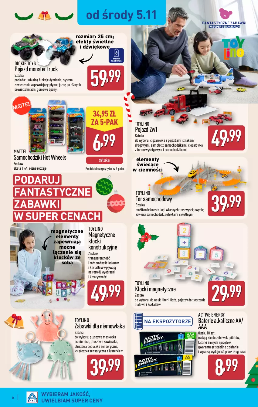 Gazetka promocyjna Aldi - Artykuły przemysłowe i tekstylia - ważna 05.11 do 08.11.2025 - strona 6 - produkty: Amol, Baterie alkaliczne, Chodzik, Fa, Fanta, Hot Wheels, Klocki, Mattel, Monster truck, Opony, Poduszka, Pojazd, Samochodziki, Samolot, Sok, Tran