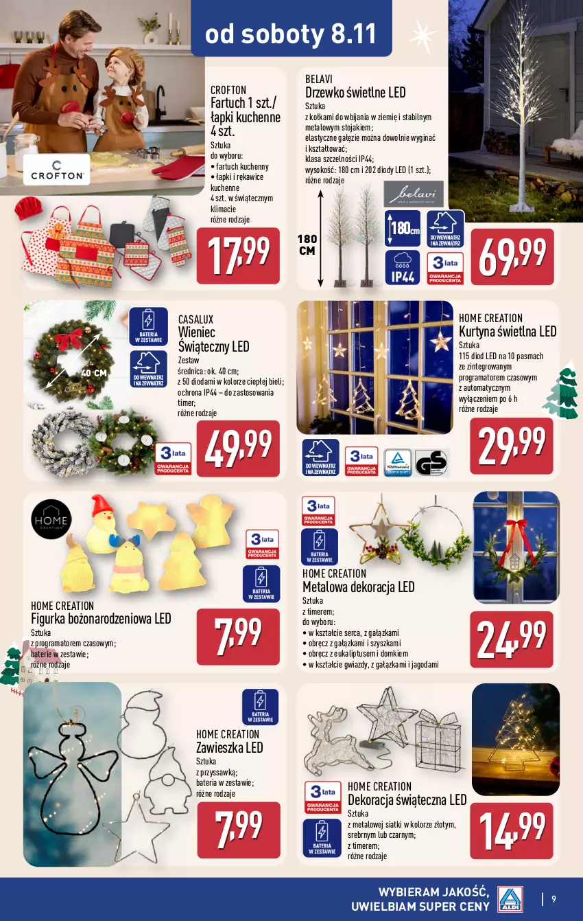 Gazetka promocyjna Aldi - Artykuły przemysłowe i tekstylia - ważna 05.11 do 08.11.2025 - strona 9 - produkty: Bateria, Dekoracja LED, Dekoracja świąteczna, Fa, Fartuch kuchenny, Gin, Gra, Rama, Rękawice, Ser, Sok, Stojak, Wieniec