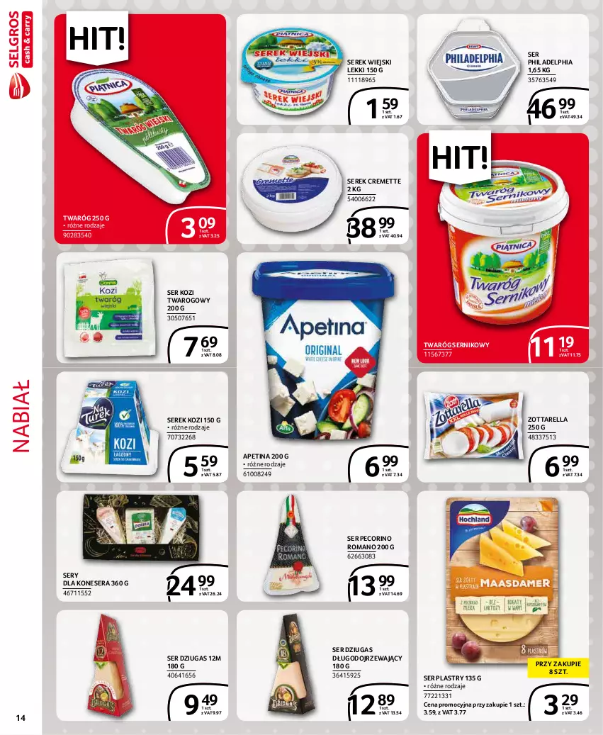 Gazetka promocyjna Selgros - Extra Oferta - ważna 01.12 do 31.12.2021 - strona 14 - produkty: Pecorino, Philadelphia, Ser, Ser kozi, Serek, Serek wiejski, Twaróg, Zott, Zottarella