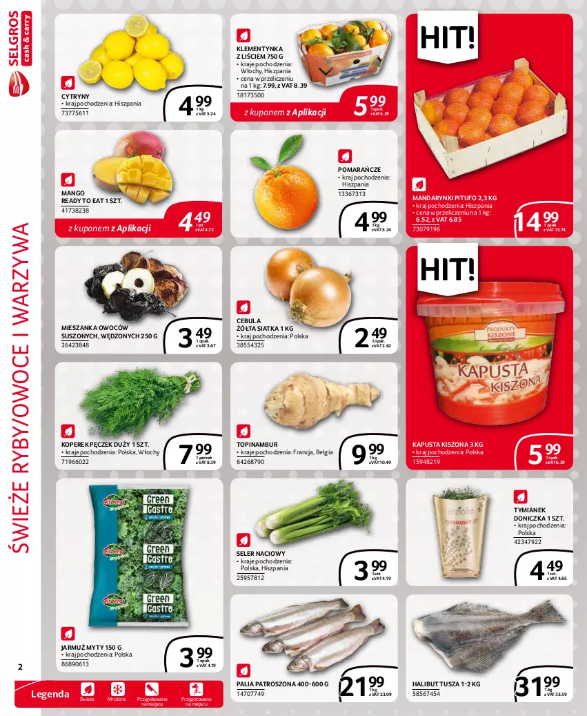 Gazetka promocyjna Selgros - Extra Oferta - ważna 01.12 do 31.12.2021 - strona 2 - produkty: Cebula, Cytryny, Halibut, Jarmuż, Koperek pęczek, LG, Mandarynki, Mango, Owoce, Pomarańcze, Seler naciowy, Siatka, Top, Tusz, Warzywa