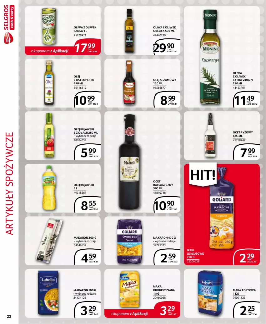 Gazetka promocyjna Selgros - Extra Oferta - ważna 01.12 do 31.12.2021 - strona 22 - produkty: Artykuły spożywcze, Gin, Kujawski, Mąka, Mąka tortowa, Makaron, Ocet, Ocet balsamiczny, Ocet ryżowy, Olej, Olej sezamowy, Oliwa z oliwek, Ostropes, Ryż, Sezam