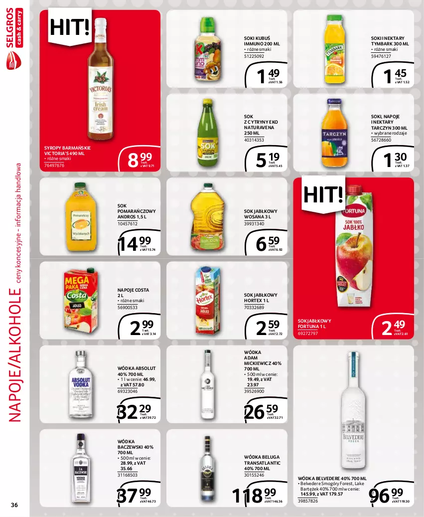 Gazetka promocyjna Selgros - Extra Oferta - ważna 01.12 do 31.12.2021 - strona 36 - produkty: Absolut, Alkohole, Cytryny, Fortuna, Hortex, Kubuś, Napoje, Nektar, Sok, Sok jabłkowy, Sok pomarańczowy, Syrop, Syropy, Tran, Tymbark, Wódka, Wosana