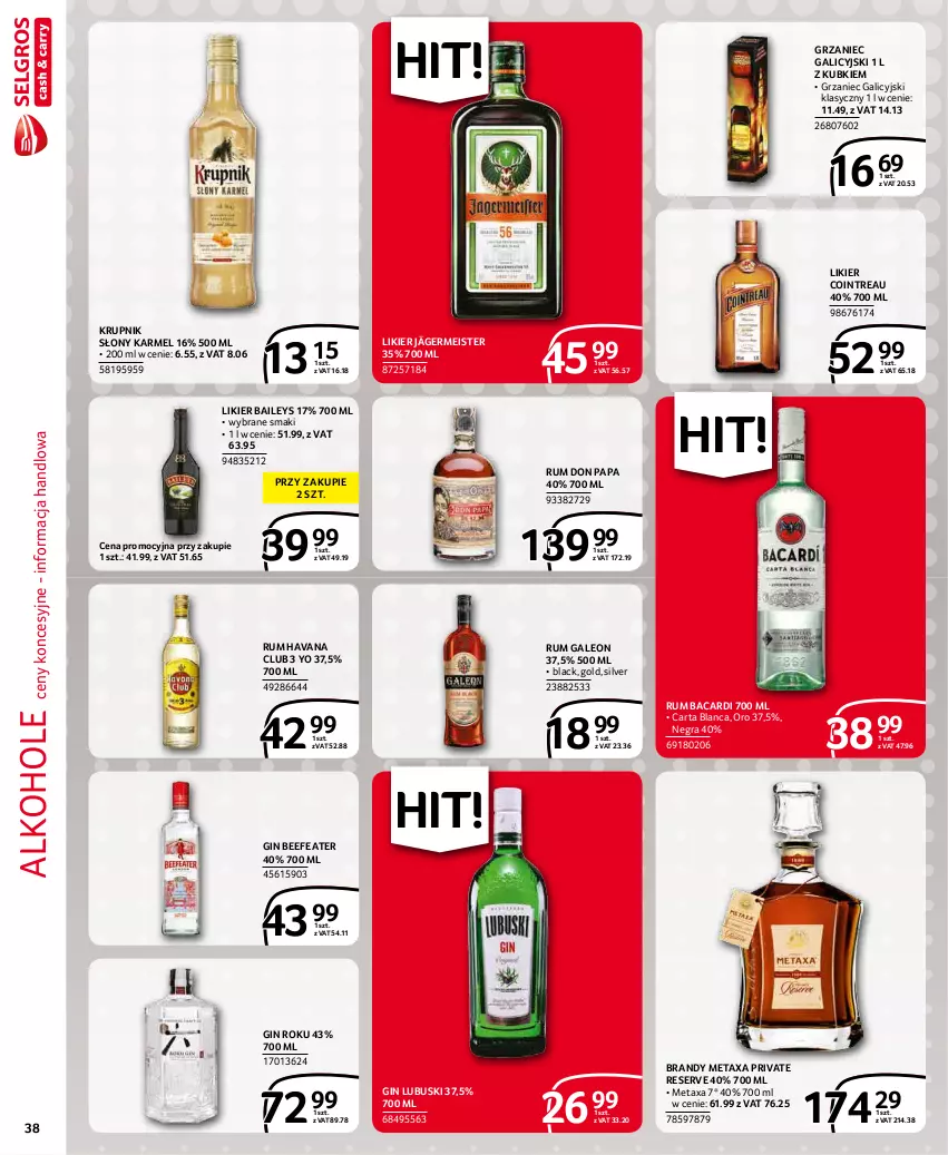 Gazetka promocyjna Selgros - Extra Oferta - ważna 01.12 do 31.12.2021 - strona 38 - produkty: Alkohole, Bacardi, Brandy, Gin, Gra, Grzaniec Galicyjski, Krupnik, Lack, Leon, Likier, Metaxa, Rum, Ser