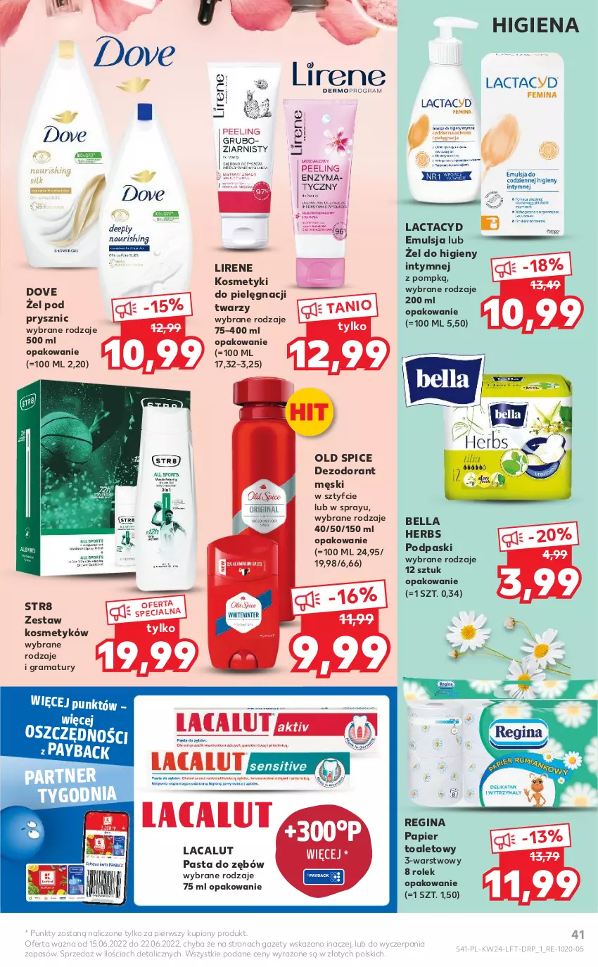 Gazetka promocyjna Kaufland - OFERTA TYGODNIA - ważna 15.06 do 22.06.2022 - strona 41 - produkty: Bell, Bella, Dezodorant, Dove, Emulsja, Gin, Gra, Kosmetyki do pielęgnacji, Lacalut, Lactacyd, Lirene, Old Spice, Papier, Papier toaletowy, Pasta do zębów, Podpaski, Rama, Str8