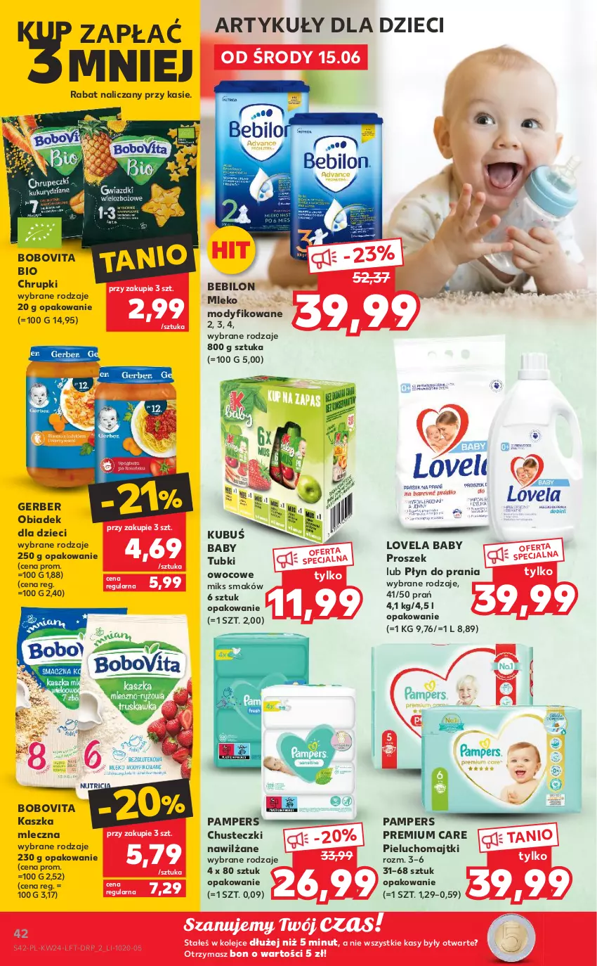 Gazetka promocyjna Kaufland - OFERTA TYGODNIA - ważna 15.06 do 22.06.2022 - strona 42 - produkty: BEBILON, BoboVita, Chrupki, Chusteczki, Dzieci, Gerber, Kubuś, Lovela, Majtki, Mleko, Mleko modyfikowane, Olej, Pampers, Pieluchomajtki, Płyn do prania