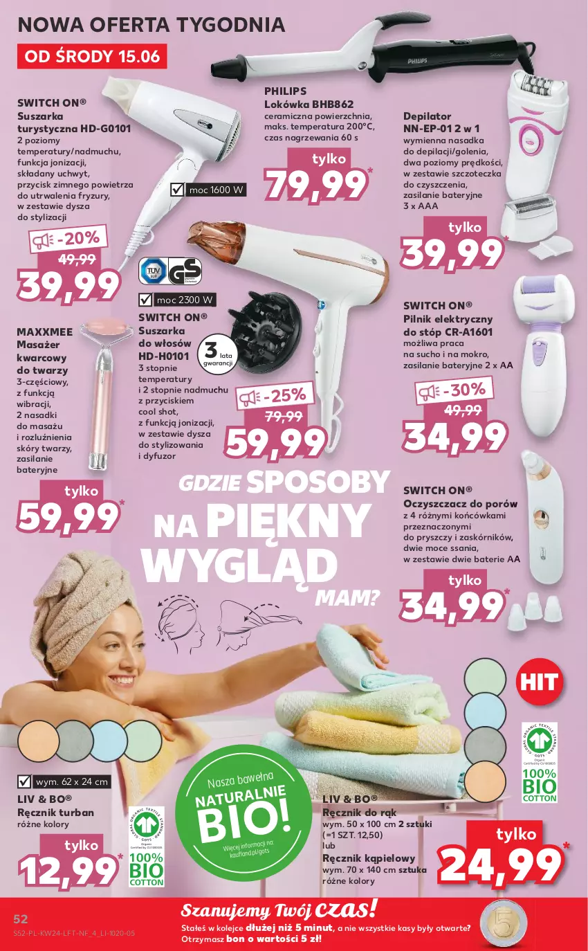 Gazetka promocyjna Kaufland - OFERTA TYGODNIA - ważna 15.06 do 22.06.2022 - strona 52 - produkty: Depilator, Lokówka, Masażer, Olej, Philips, Pilnik, Por, Ręcznik, Ręcznik kąpielowy, Silan, Suszarka, Szczoteczka, Top