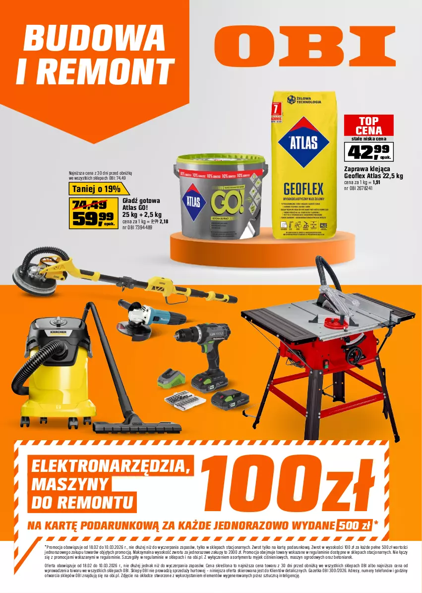 Gazetka promocyjna Obi - Gazetka OBI - ważna 19.02 do 10.03.2026 - strona 1 - produkty: Dres, Geoflex, Intel, Klej, Sok, Szyny, Telefon, Top