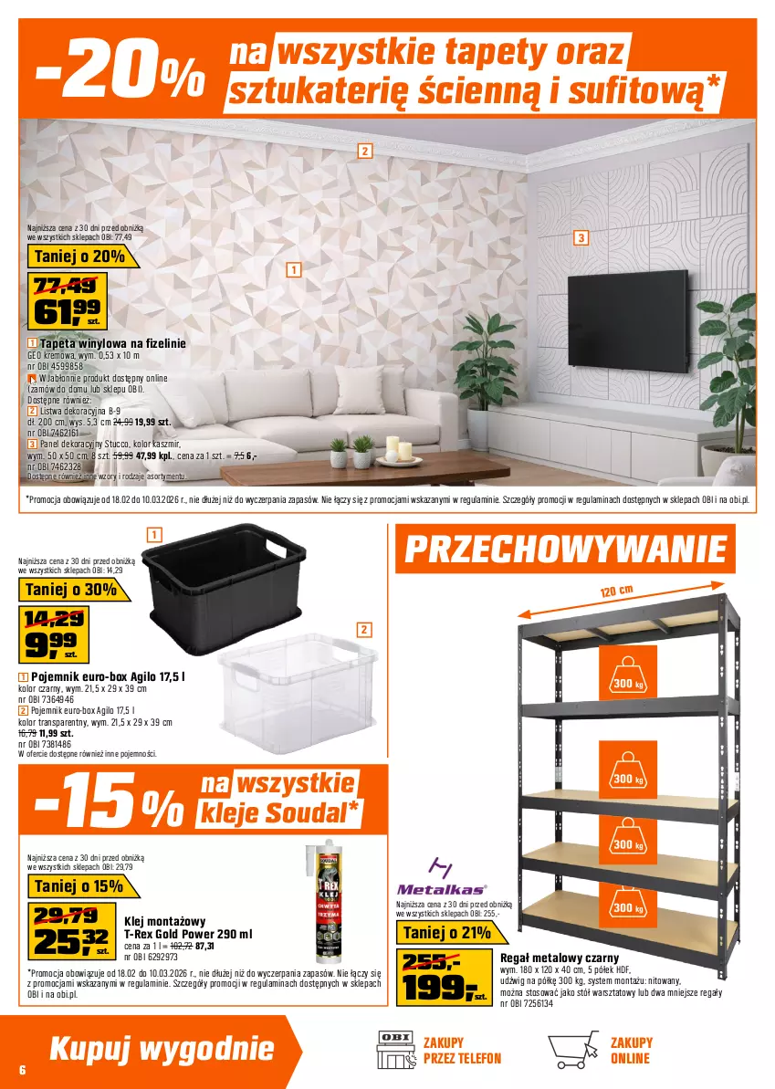 Gazetka promocyjna Obi - Gazetka OBI - ważna 19.02 do 10.03.2026 - strona 6 - produkty: Bateria, Bateria kuchenna, Bell, Bella, Dźwig, Gra, Klej, Kuchnia, Lakier, Listwa, Okap, Panel dekoracyjny, Plafon, Plafon LED, Pojemnik, Regał, Regał metalowy, Stół, Stół warsztatowy, Syfon, Tapeta, Tapety, Telefon, Top, Tran, Uchwyty, Zlew