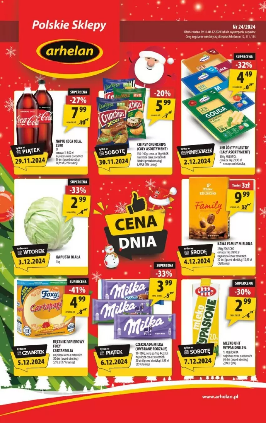 Gazetka promocyjna Arhelan - ważna 29.11.2023 do 28.12.2024 - strona 1 - produkty: Chipsy, Crunchips, Czekolada, Fa, Kawa, LG, Milka, Mleko, Napój, Papier, Ręcznik, Ser, Tera