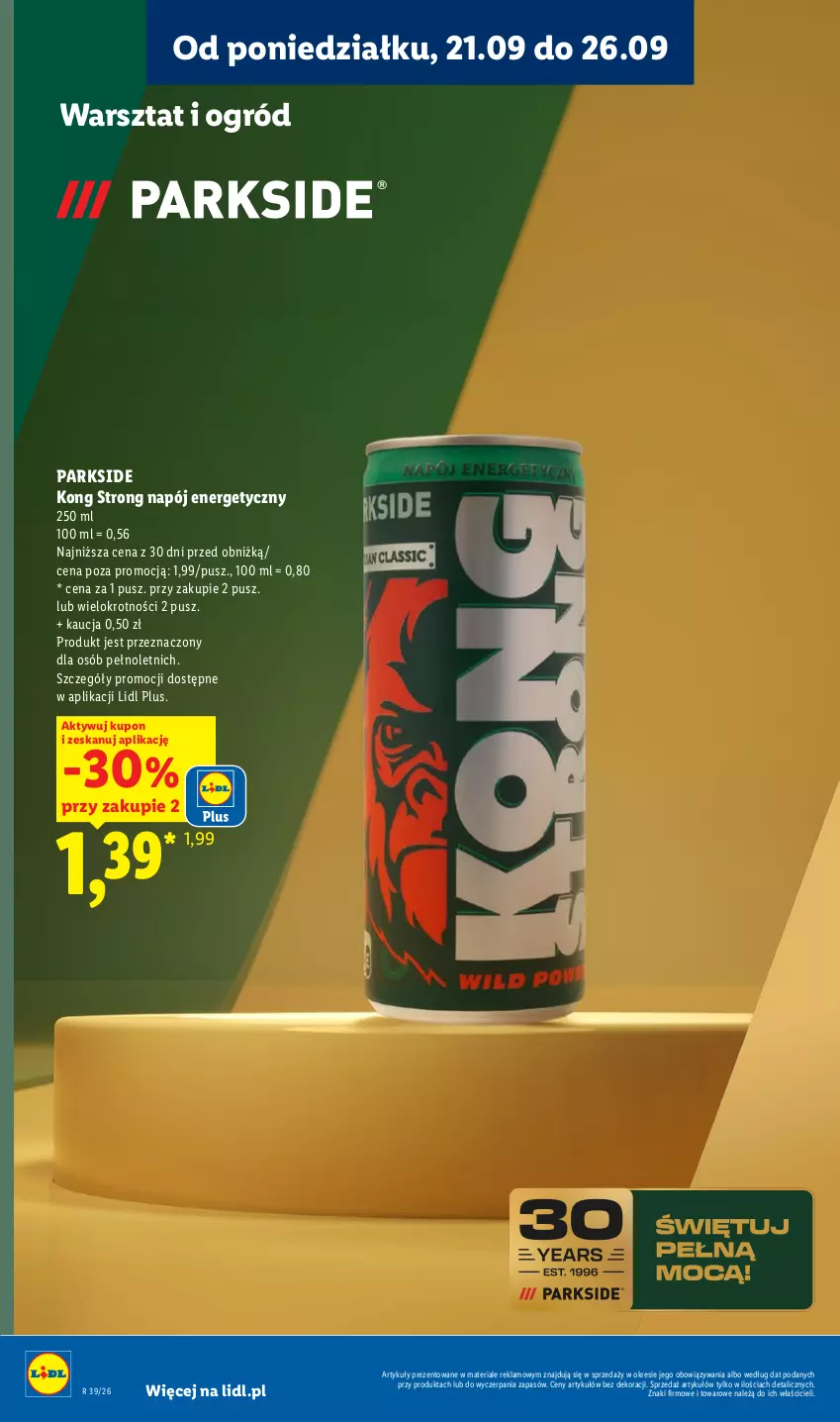 Gazetka promocyjna Lidl - Gazetka ważna od 21.09 do 26.09 - ważna 21.09 do 26.09.2026 - strona 30 - produkty: Napój, Napój energetyczny, Ogród, Parkside