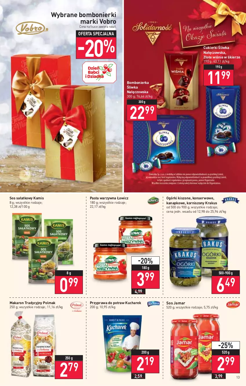 Gazetka promocyjna Stokrotka - Supermarket - ważna 20.01 do 26.01.2022 - strona 13 - produkty: Cukier, Cukierki, Kamis, Korniszony, Krakus, Kucharek, Likier, Makaron, Olma, Pasta warzywna, Przyprawa do potraw, Sałat, Ser, Sos