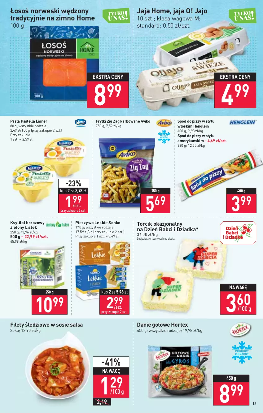 Gazetka promocyjna Stokrotka - Supermarket - ważna 20.01 do 26.01.2022 - strona 15 - produkty: Danie gotowe, Frytki, Hortex, Jaja, Ksylitol, Lisner, Lodówka, Pastella, Piec, Pieczywo, Salsa, SEKO, Sonko, Sos, Spód do pizzy, Stek