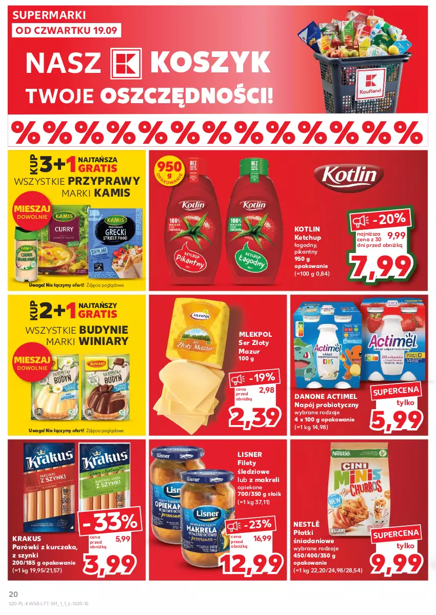 Gazetka promocyjna Kaufland - Gazetka tygodnia - ważna 19.09 do 25.09.2024 - strona 20 - produkty: Actimel, Danio, Danone, Gra, Kamis, Ketchup, Kosz, Kotlin, Krakus, Kurczak, Lisner, Napój, Nestlé, Parówki, Przyprawy, Ser, Waga, Winiary, Złoty Mazur