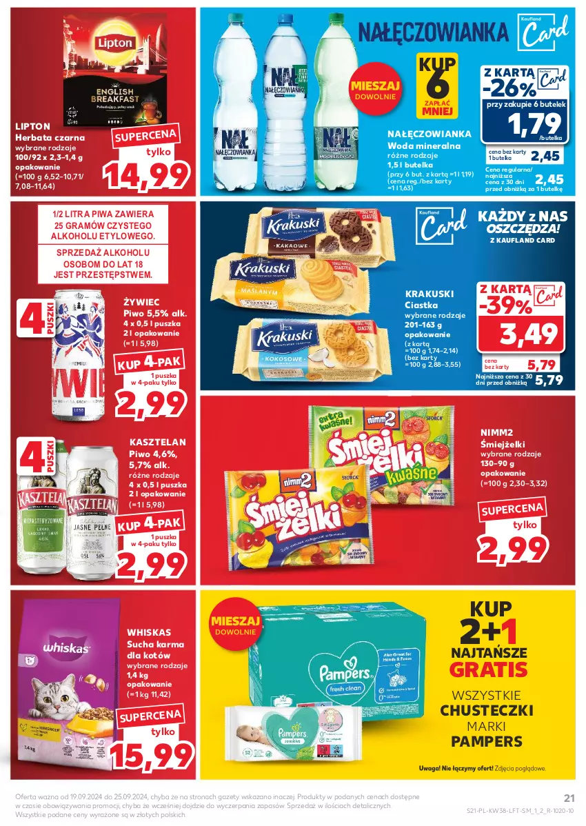 Gazetka promocyjna Kaufland - Gazetka tygodnia - ważna 19.09 do 25.09.2024 - strona 21 - produkty: Chusteczki, Ciastka, Gra, Herbata, Herbata czarna, Kasztelan, Krakus, Krakuski, Lipton, Nałęczowianka, Nimm2, Pampers, Piwa, Piwo, Sucha karma, Waga, Whiskas, Woda, Woda mineralna